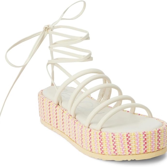 NEW Matisse Eli Ivory Multi Woven Lace-Up Cream Pink Platform Sandals SZ 9 - Picture 1 of 7